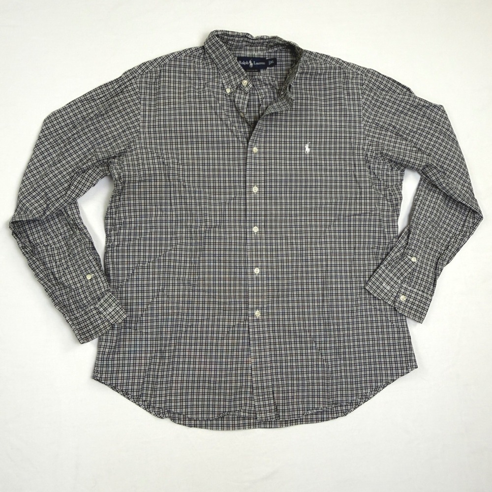 Ralph Lauren Mens XL Custom Fit Plaid Button Down‎ Shirt Black White Long Sleeve